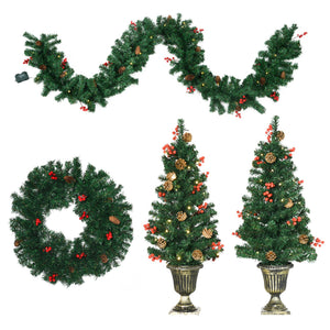English Elm HOMCOM Prelit 4-Piece Holiday Set with 2 Entry Trees, Garland & Wreath, Warm White LEDs, Red Berries W2225P229437