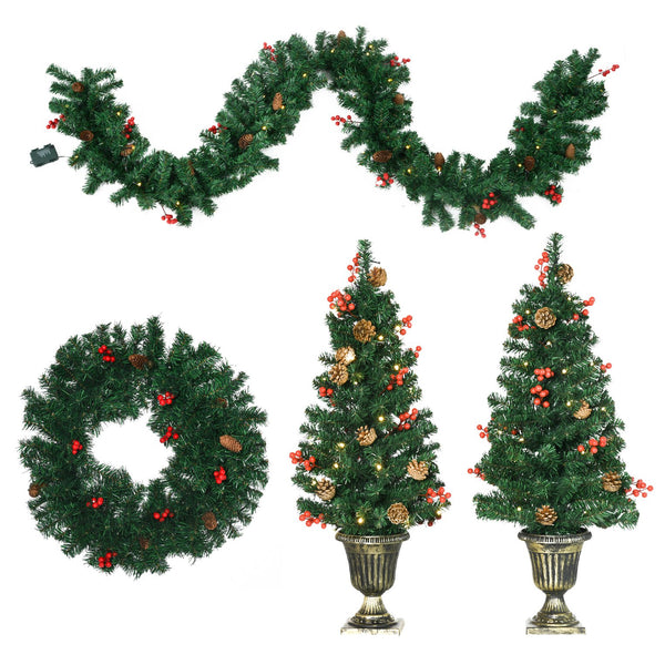 English Elm HOMCOM Prelit 4-Piece Holiday Set with 2 Entry Trees, Garland & Wreath, Warm White LEDs, Red Berries W2225P229437