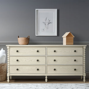 JLA Home Madison Park Signature - Large Dresser with Six Smooth-Glide Drawers, Velvet-Lined Boxes, Solid Spindle Legs, Metal Knobs, Anti-Tip Safety and 70" Width for Versatile Home Storage Antique Cream MPS137-0324