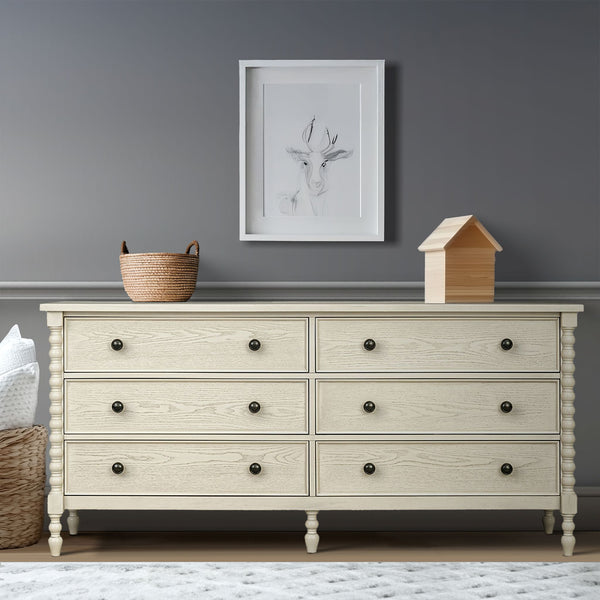 JLA Home Madison Park Signature - Large Dresser with Six Smooth-Glide Drawers, Velvet-Lined Boxes, Solid Spindle Legs, Metal Knobs, Anti-Tip Safety and 70" Width for Versatile Home Storage Antique Cream MPS137-0324