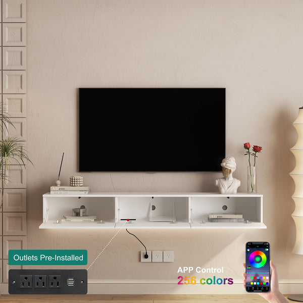 English Elm Floating LED TV Stand Wall Mounted with 16-Color Ambience, Modern Floating Cabinet with Ample Storage for 55–65" TVs White 72.24 L x 16.73 W x 5.12 H W1321P307882