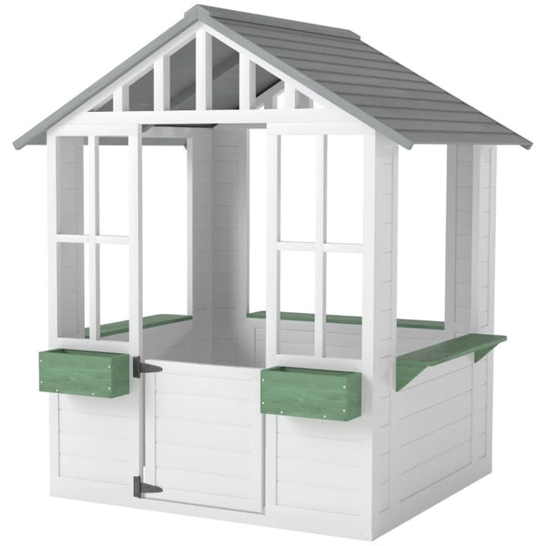 English Elm Wooden Fir Outdoor Kids Playhouse Cottage with Serving Station and Ventilating Windows T3971P442827