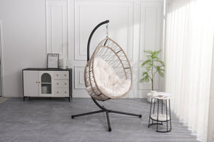 English Elm Outdoor Egg-shaped Hanging Chair with Stand — Beige Gray+White HDPE Cushions, 350lb Sturdy Frame W2500P290032