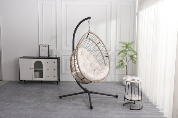 English Elm Outdoor Egg-shaped Hanging Chair with Stand — Beige Gray+White HDPE Cushions, 350lb Sturdy Frame W2500P290032