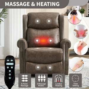 English Elm Heat Massage Swivel Rocker Recliner Genuine Leather Chair with Lumbar Relief W3224S00011