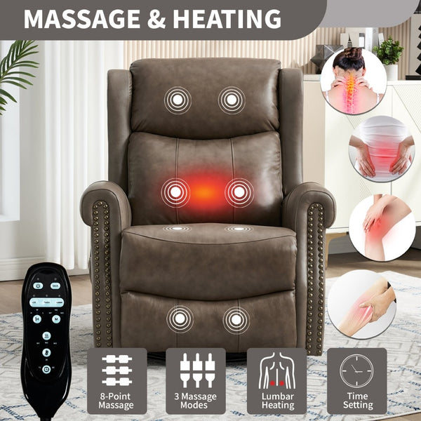 English Elm Heat Massage Swivel Rocker Recliner Genuine Leather Chair with Lumbar Relief W3224S00011