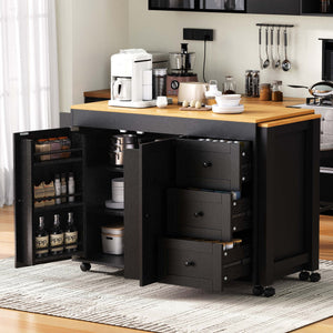 English Elm K&K 43.3" Kitchen Island with 27.6" Extendable Dining Table, Power Outlet, 7 Wheels, Ample Storage Black N707P303401B
