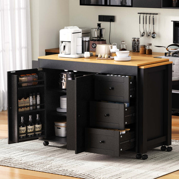 English Elm K&K 43.3" Kitchen Island with 27.6" Extendable Dining Table, Power Outlet, 7 Wheels, Ample Storage Black N707P303401B