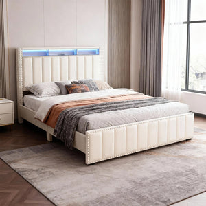 English Elm Contemporary Full Bedroom Set Channel Tufted Upholstered Bed with Led and Nightstands Beige B2741S00776
