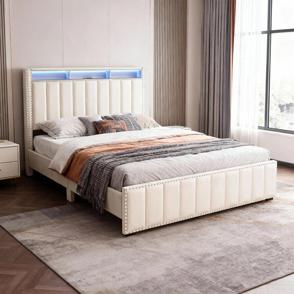 English Elm Contemporary Full Bedroom Set Channel Tufted Upholstered Bed with Led and Nightstands Beige B2741S00776