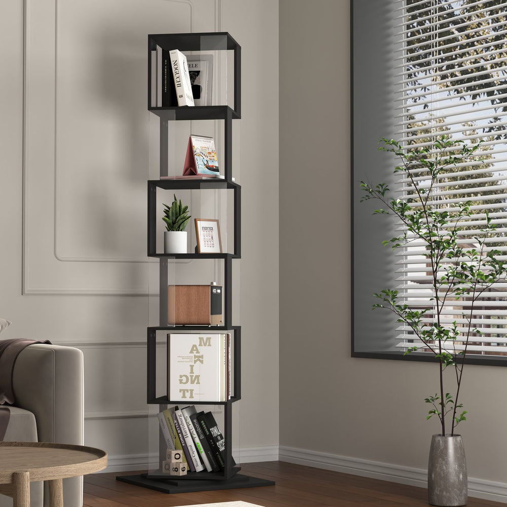 English Elm 6 tier Rotating Bookshelf with 360° Spin, Large Capacity Wood Veneer & Acrylic Shelves for Compact Spaces Black W409P167479