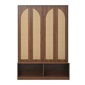 English Elm [Assembly Video] Farmhouse Widen Hall Tree with Rattan Doors, 4-in-1 Bench with 6 Hooks, Shoe Storage and Adjustable Shelves for Entryway (55.1") Walnut N721P297555D