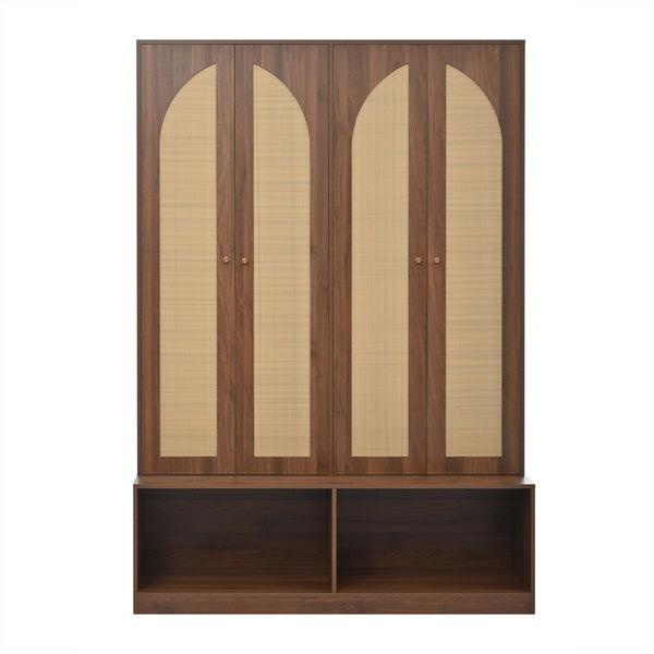 English Elm [Assembly Video] Farmhouse Widen Hall Tree with Rattan Doors, 4-in-1 Bench with 6 Hooks, Shoe Storage and Adjustable Shelves for Entryway (55.1") Walnut N721P297555D