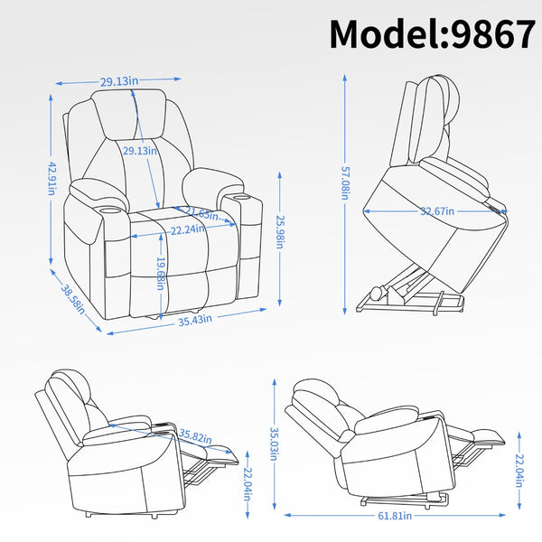 English Elm Up to 350 Lbs Chenille Power Lift Recliner with Massage Heating and Usb Charging Ports Brown W3224S00001