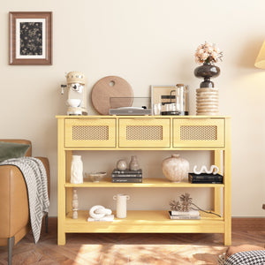 English Elm 43.3" Farmhouse Console Table Rattan Drawer Fronts Open Shelving Entryway Storage Natural Wood T3210P426416