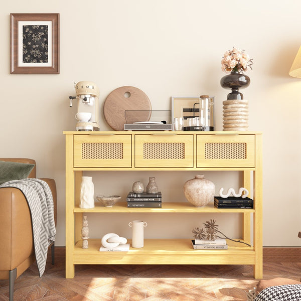 English Elm 43.3" Farmhouse Console Table Rattan Drawer Fronts Open Shelving Entryway Storage Natural Wood T3210P426416