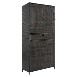 English Elm K&k Tall Arched Pe Rattan Outdoor Storage Cabinet with Adjustable Shelves and Steel Frame Brown+Black N707P420102D