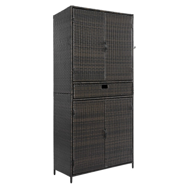 English Elm K&k Tall Arched Pe Rattan Outdoor Storage Cabinet with Adjustable Shelves and Steel Frame Brown+Black N707P420102D