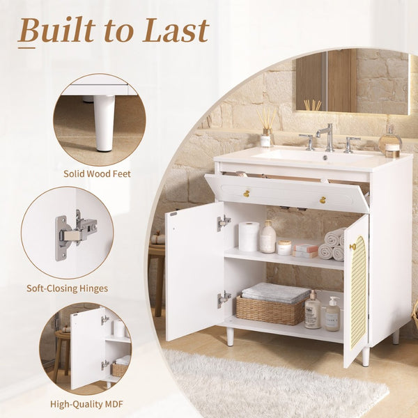 English Elm 30" Rattan Front Bathroom Vanity Solid Pine Cabinet with Ceramic Sink and Adjustable Shelf White N710P293988K