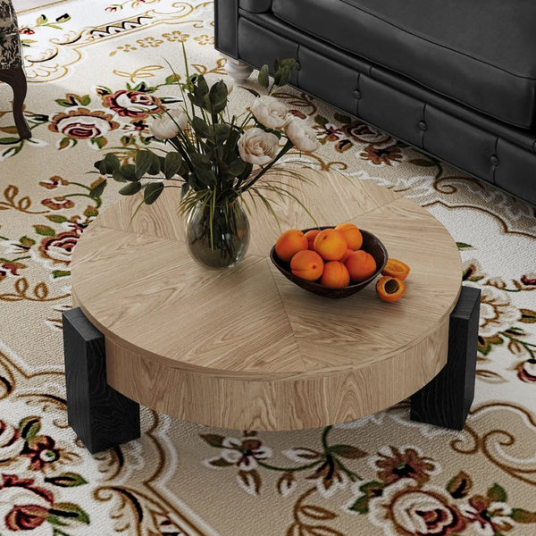 English Elm 33'' Round Coffee Table Parquet Veneer Flip Top Hidden Storage Wabi-sabi Living Room Matte Black,Natural Wood W1435P419318