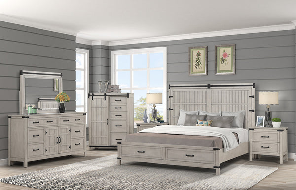 English Elm Alexandria King Storage Bed with USB Ports, Plank Inlay & 2 Drawers, Mountain Mist Rustic Chic B108S00031