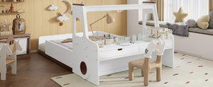 English Elm Full Size Car Shaped Kids Platform Bed with Storage Drawers Integrated Desk Pine Wood Light White W1580S00490
