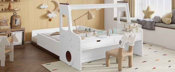 English Elm Full Size Car Shaped Kids Platform Bed with Storage Drawers Integrated Desk Pine Wood Light White W1580S00490