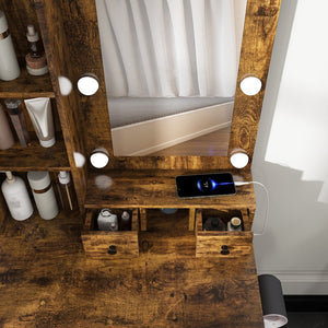 English Elm Vanity compact dressing desk with LED mirror, 3-color dimmable lights, drawers, stool, outlet Vintage W2699P345802