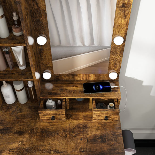 English Elm Vanity compact dressing desk with LED mirror, 3-color dimmable lights, drawers, stool, outlet Vintage W2699P345802