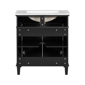 English Elm 30-inch bathroom vanity with ceramic basin, solid wood frame, soft-close doors and adjustable shelves for organized style and lasting durability Black N729P173380B