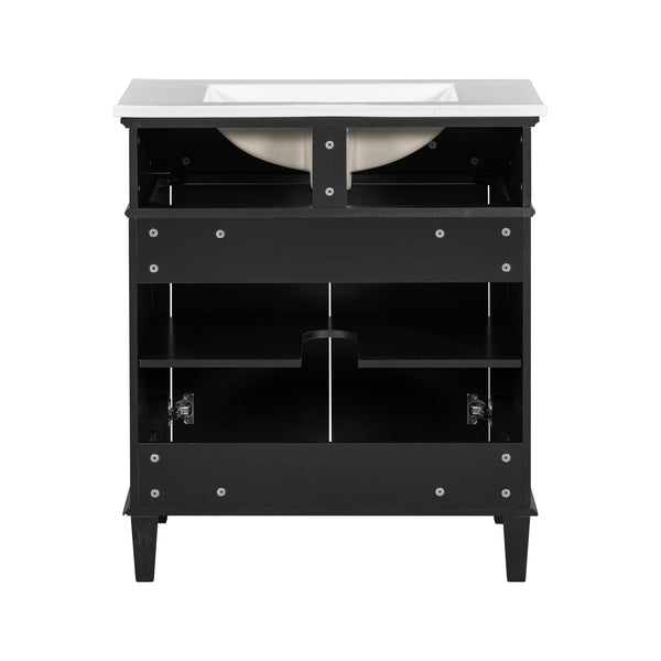 English Elm 30-inch bathroom vanity with ceramic basin, solid wood frame, soft-close doors and adjustable shelves for organized style and lasting durability Black N729P173380B