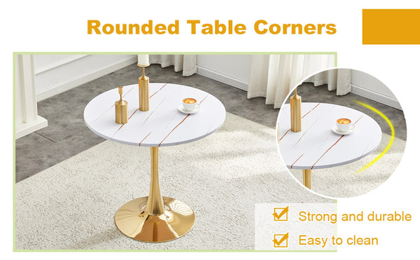 English Elm Round Faux Marble Tulip Pedestal Dining Table Mid Century Modern for Small Bistro Spaces Gold+White W2920P400992