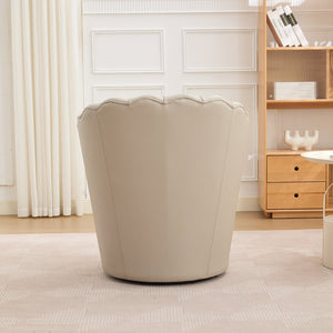 English Elm Cream Petal Swivel Chair | Top-Grain Leather Wingback, 360° Metal Base, Curved Fluted Accent Seat W570P375745