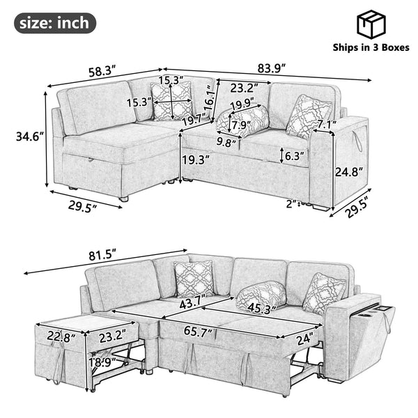 English Elm Convertible Sectional Sofa Bed with Dual Pull-Out Sleepers, Flip-Top Table, USB Ports & Storage Dark Gray N719S002090R