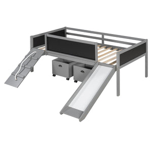 English Elm Twin Kids Loft Bed Solid Pine Frame with Slide Chalkboard and Climbing Rope Play Zone Gray N708P340493E