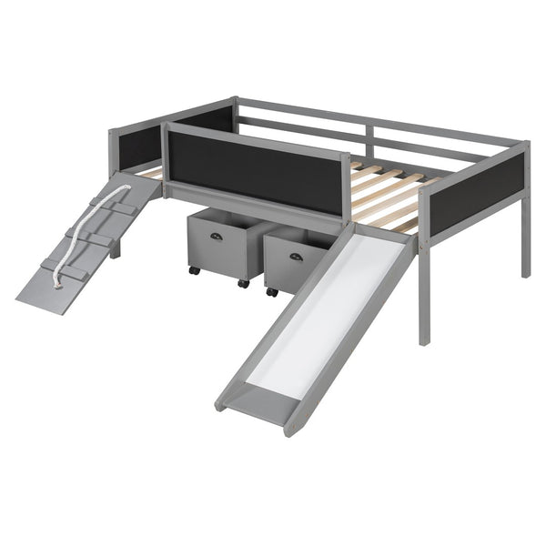 English Elm Twin Kids Loft Bed Solid Pine Frame with Slide Chalkboard and Climbing Rope Play Zone Gray N708P340493E
