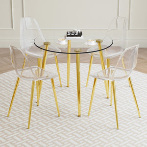 English Elm A Modern Minimalist Style Round Transparent Tempered Glass Table With Gold Metal Legs,Paired With 4 Modern Style Transparent Dining Chairs For A Luxurious Experience.