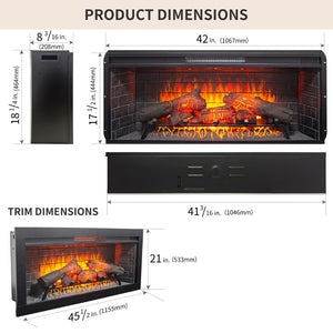 English Elm 42 Inch Infrared Quartz Fireplace Insert with 3d Flame Effect and Built-in Speaker W1769P405043