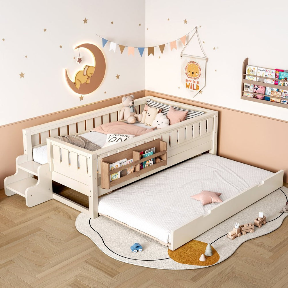 English Elm Twin Kids Platform Bed with Trundle Staircase Bookshelf and Rounded Safety Rails Beige W1580S00556