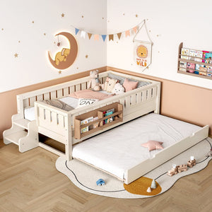 English Elm Twin Kids Platform Bed with Trundle Staircase Bookshelf and Rounded Safety Rails Beige W1580S00556