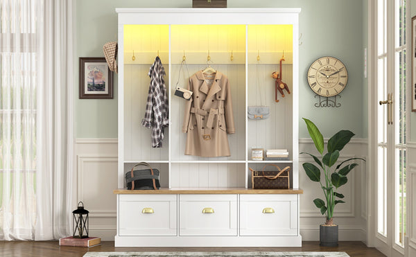 English Elm Farmhouse Hall Tree with Triple Arch Back Panel Eight Hooks Drawers and Entryway Bench White N721S000062K