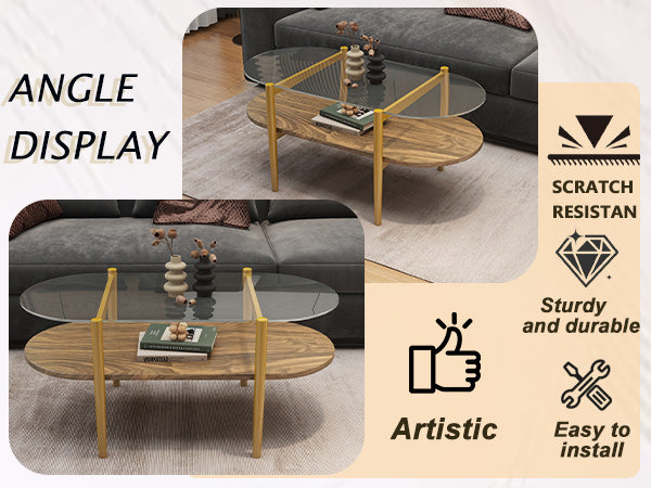 English Elm Oval Glass Coffee Table - Mid-Century Modern 2-Tier Tempered Glass Top Walnut Shelf Gold Legs, L41 W1727P356427