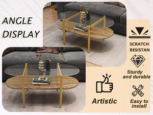 English Elm Oval Glass Coffee Table - Mid-Century Modern 2-Tier Tempered Glass Top Walnut Shelf Gold Legs, L41 W1727P356427