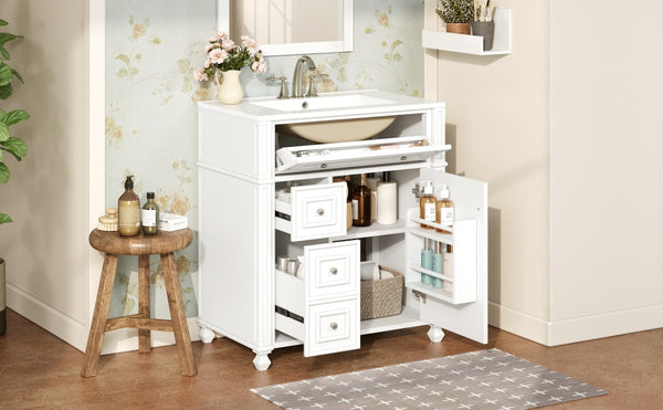 English Elm Bathroom Vanity with Sink French-Inspired 30" Ceramic Basin Vanity Cabinet with Soft-Close Doors & Drawer Organizer White N710P286723K
