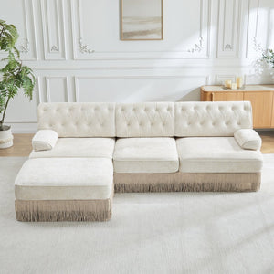 English Elm 3-seater Velvet Modular Sectional Sofa with Button Tufting Tassel Skirt Living Room Beige W714S01686