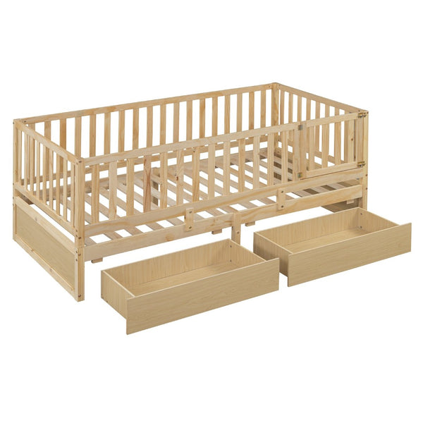English Elm Twin Pinewood Daybed with Fence Guardrails Splits Into Two Floor Beds Storage Natural LP100881AAN