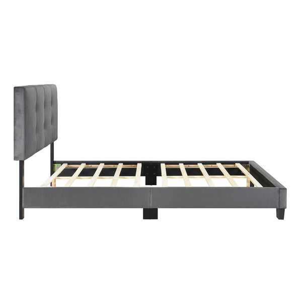 English Elm 1pc Full Platform Bed Newberry Brown Velvet Upholstered Button-Tufted Adjustable Headboard, Solid Wood Frame Dark Gray 60 L x 26 W x 5 H B011P203578
