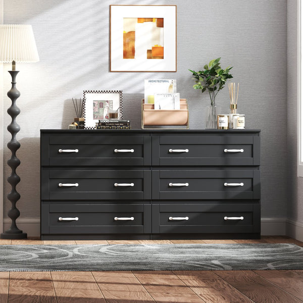 English Elm Modern Black 6-Drawer Side Cabinet with Metal Handles – Spacious Wood Storage Chest for Living Room Bedroom Entryway Organizer W331S00165