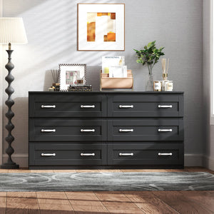 English Elm Modern black 6-drawer side cabinet with metal handles — spacious wood dresser for living room, bedroom, hallway storage and organization W331S00165