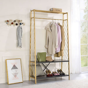 English Elm Gold Gold and Black Hall Tree with Two-Tier Shelves, Hanging Rail, Metal Frame for Entryway Decor B062P191051
